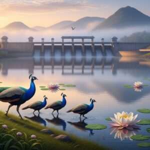 A serene, ethereal landscape of Yawal with a sacred dam nestled amidst lush greenery and vibrant flora. In the foreground, a family of Indian peafowls, with iridescent plumage, gracefully struts along the water's edge. The dam reflects a soft, golden glow under the gentle, pastel hues of dawn, creating a tranquil, dreamlike atmosphere. Delicate lotus flowers float on the calm water surface, and distant hills are shrouded in mist. The scene captures the harmony between man-made structures and nature, inviting exploration and reverence. The art style is hyperrealistic with a spiritual touch, emphasizing the sanctity and beauty of Yawal's natural wonders.
