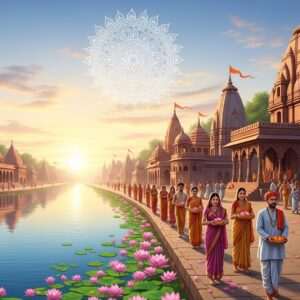 A serene, ethereal landscape depicting a mystical Indian pilgrimage scene set in 2026. The image features a peaceful river with glowing, soft blue waters, reflecting the golden hues of a rising sun. Majestic temples from various Indian states stand along the riverbank, each showcasing intricate patterns inspired by Madhubani and Pattachitra art. Pilgrims in traditional attire, adorned with subtle gold jewelry, are seen walking along a path of lotus flowers towards the temples, carrying offerings. In the sky, a large, glowing mandala radiates tranquility. The scene is bathed in warm, pastel colors, creating a spiritual and inviting atmosphere. The overall composition is hyperrealistic, blending traditional and modern elements to capture the essence of India's sacred Tirthas.