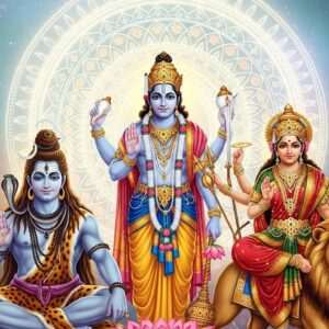 A serene and ethereal scene featuring the Hindu pantheon: Shiva, Vishnu, and Durga. Shiva, with his iconic blue skin, is depicted with three eyes and a crescent moon on his matted hair, holding a trident in one hand. Vishnu stands majestically with his four arms, holding a conch, discus, mace, and lotus, adorned in gold and peacock blue attire. Durga, radiant and fierce, is portrayed riding a lion with multiple arms wielding various weapons like a sword, bow, and trident. The backdrop is a surreal cosmic setting with a glowing mandala and soft pastel hues of blue and gold. Intricate patterns and lotus motifs adorn the scene, blending traditional Indian art forms with modern digital aesthetics. The overall tone is one of spiritual grandeur and divine harmony.