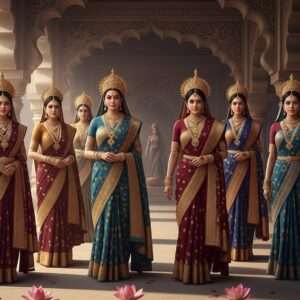 A regal assembly of Indian queens from the Mauryan Empire, adorned in intricately designed traditional sarees with rich hues of maroon, gold, and peacock blue. Each queen stands gracefully amidst an opulent palace backdrop, featuring grand arches and detailed carvings reminiscent of ancient Indian architecture. Their expressions are serene and dignified, embodying wisdom and strength. The scene is illuminated by soft, ethereal lighting that casts a gentle glow, enhancing the ornate gold jewelry and crowns they wear. Delicate patterns of lotus flowers and mandalas subtly embellish the scene, conveying a sense of historical grandeur. The composition is hyperrealistic, with a modern digital art touch, capturing the essence of their legacy and allure.