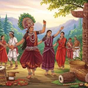 An intricately detailed scene depicting a vibrant Adivasi cultural festival in Yawal, showcasing traditional attire with colorful patterns and motifs. The image captures a group of Indian Adivasi people in dynamic poses, engaged in a traditional dance, adorned with elaborate headgear and jewelry. The background is a lush, serene landscape with dense forests and a clear sky painted in soft pastels, creating an ethereal atmosphere. In the foreground, traditional artifacts and cultural symbols are artfully arranged, including woven baskets, musical instruments, and sacred totems. The art style should blend traditional Indian art forms with modern digital aesthetics, using rich colors like maroon, peacock blue, and saffron, giving the scene a surreal yet deeply rooted cultural vibe. The image should evoke a sense of community, heritage, and the timelessness of Adivasi traditions.