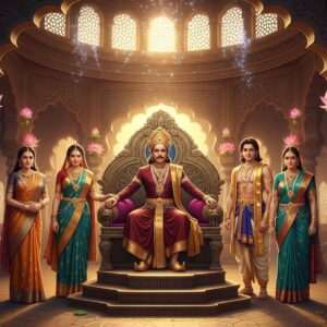 In a grand ancient palace setting, Emperor Bindusara, dressed in regal attire of deep maroon and gold, sits majestically on an ornate throne, surrounded by his elegant wives in rich sarees of saffron and peacock blue, each adorned with intricate gold jewelry. His sons stand proudly beside him, each with distinct features reflecting their royal lineage. The scene is vibrant with cultural motifs of lotus flowers and mandalas, and the background is a blend of traditional Indian architecture with a modern digital aesthetic. The lighting is warm and ethereal, casting a glow that highlights the opulence and grandeur of the royal family, creating an aura of historical intrigue and allure. The art style is hyperrealistic with a touch of surrealism, capturing the essence of power and legacy in ancient India.