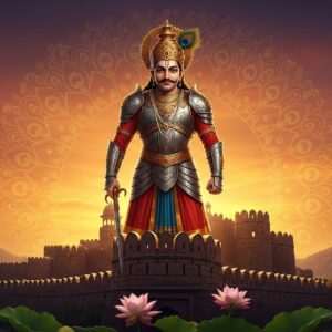 A regal Indian prince clad in traditional Rajput armor, standing proudly atop a stone fortress, overlooking an expansive landscape bathed in the golden light of a setting sun. The scene captures the grandeur of a bygone era with a modern digital twist, incorporating intricate patterns on the armor and subtle mandala motifs in the background sky. Rich hues of maroon, gold, and peacock blue dominate the color palette, while ethereal soft glowing lights highlight the serene and majestic expression of the prince. Lotus flowers subtly adorn the foreground, emphasizing a connection to heritage and legacy. The image should reflect a blend of traditional Indian art forms with a touch of modern aesthetics, offering a glimpse into the royal lineage and timeless legacy of Bappa Rawal.