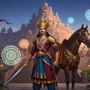 A regal scene depicting a grand, majestic Indian palace surrounded by lush greenery, under a twilight sky filled with stars and a soft, ethereal glow. In the foreground, a noble-looking heir of Bappa Rawal, dressed in traditional royal attire adorned with intricate gold patterns and jewelry, stands confidently. He is accompanied by a graceful horse with an ornate saddle, symbolizing his noble lineage. The heir's expression is serene yet determined, embodying the legacy of strength and leadership. In the background, banners with the royal insignia flutter gently in the breeze, and faint glowing mandalas add an element of spirituality to the scene. The art style is hyperrealistic with deep, rich colors like maroon, gold, and peacock blue, blending traditional Indian art with modern digital aesthetics for a captivating and lore-accurate depiction.