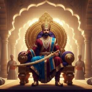 A majestic scene depicting a regal Indian king from Jalore, seated on an ornate golden throne with intricate carvings of traditional patterns and motifs. The king, adorned in royal attire of rich maroon and peacock blue, wears a golden crown encrusted with emeralds and rubies. He holds a ceremonial sword embellished with jewels, resting gracefully on his lap. Surrounding him are courtiers dressed in elegant traditional attire, featuring intricate designs inspired by Madhubani and Phad art. The background showcases an opulent palace interior, with arches and pillars adorned with delicate Pattachitra-style artwork. Soft, ethereal lighting bathes the scene in a warm golden glow, highlighting the opulence and grandeur of Jalore's royal heritage. The overall composition is serene and surreal, capturing the essence of timeless tradition meeting modern digital aesthetics.