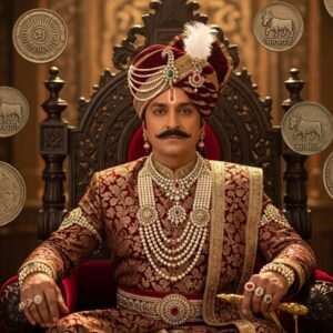 A regal Indian monarch seated on a grand, intricately carved throne, surrounded by ancient coins depicting the royal insignia of Bappa Rawal. The coins are artfully arranged in the air, floating around him with a soft, mystical glow. He wears opulent traditional Rajasthani attire in shades of maroon and gold, adorned with elaborate jewelry and a majestic turban. The background features a stylized palace interior with delicate arches and vibrant frescoes in the style of Pattachitra. The scene is illuminated by warm, golden light, casting a serene and ethereal atmosphere. A sense of historical grandeur and cultural richness permeates the image, drawing the viewer into the legacy of Bappa Rawal's dynasty.