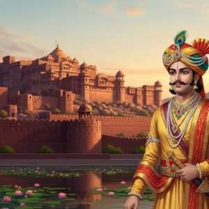 In a majestic landscape, the imposing Bhadrajun Fort stands tall amidst rolling hills, its ancient walls and turrets bathed in the warm golden glow of a setting sun. The scene is rich with deep hues of maroon and peacock blue, reflecting the grandeur of the Chauhan dynasty. Intricate patterns of traditional Indian motifs adorn the fort's facade, while a serene lotus-filled pond lies in the foreground, casting soft reflections. A regal Indian prince, clad in a saffron and gold-embroidered royal robe, stands gracefully at the forefront, his posture exuding authority and wisdom. His elegant turban, adorned with a peacock feather and jewels, glistens in the gentle light. The sky is a canvas of soft pastels, blending seamlessly into the ethereal atmosphere that surrounds the fort. This visually stunning scene captures the essence of royal legacy and history, inviting readers into the world of Jalore's majestic past.