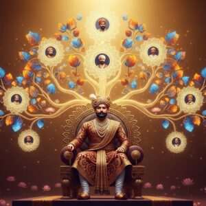 A regal scene depicting Bappa Rawal, the legendary king, seated majestically on an ornate throne, adorned in traditional royal Rajasthani attire with intricate gold and maroon patterns. His posture exudes authority and grace. Around him, a mystical, glowing family tree rises, its branches elegantly spreading outwards, each adorned with delicate leaves that shimmer in peacock blue and saffron hues. Within the branches, faintly visible are the portraits of his descendants, each framed by intricate mandalas. The background features a blend of deep gold and warm maroon, representing the richness of heritage. Soft, ethereal light bathes the scene, creating a serene and spiritual ambiance, while a lotus flower motif subtly integrates into the design, symbolizing purity and renewal. The art style is hyperrealistic yet surreal, merging tradition with modern digital aesthetics, inviting viewers into a world of royal history and intrigue.