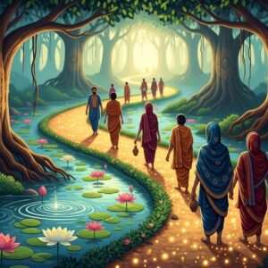 A serene, ethereal depiction of the sacred 84 Kosi Parikrama at Naimisharanya. Visualize a lush, green landscape with a winding path symbolizing the sacred route, adorned with golden hues and soft, glowing lights. In the foreground, an intricately designed lotus pond with blooming flowers and gentle ripples in the water. The background features tall, ancient trees with roots that seem to whisper stories of old, their branches forming a natural canopy. The scene is illuminated with a gentle, divine light, casting a warm glow on everything. A group of Indian pilgrims, dressed in traditional attire with serene expressions, walk the path, their presence highlighting the spiritual significance of the journey. The art style combines traditional Indian motifs with a modern digital aesthetic, rich in deep colors like peacock blue and maroon, and subtle patterns that echo the cultural heritage. The overall atmosphere is tranquil and inviting, capturing the essence of spiritual pilgrimage and legacy.