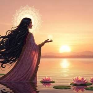A serene and ethereal Indian woman with long, flowing hair cascading down her back, standing by a calm, reflective water surface. Her hair glows with an ethereal light, highlighting its rich, healthy strands. She is adorned in a traditional saree with intricate patterns in soft pastel shades of pink and gold. A glowing mandala hovers gently above her head, symbolizing spiritual growth and vitality. Lotus flowers float on the water's surface, adding to the tranquil ambiance. The background features a soft, warm sunrise, casting a golden glow over the scene. The art style merges traditional Indian motifs with modern digital aesthetics, providing a harmonious and captivating visual experience.