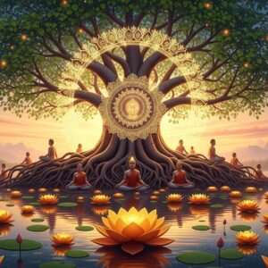 Under the vast expanse of a tranquil, pastel-colored sky, a majestic Bodhi Tree stands proudly in the center of a serene landscape. The tree's ancient, sprawling branches are adorned with vibrant, emerald-green leaves that seem to shimmer with a soft, ethereal glow. Nestled among the roots, golden lotus flowers bloom, reflecting the gentle light of a setting sun in hues of warm gold and pale pink. A subtle aura of spiritual energy emanates from the tree, symbolized by a delicate, glowing mandala encircling its trunk. Nearby, calm water surfaces reflect the scene, adding a sense of peaceful harmony. Indian figures in traditional attire meditate beneath the tree, their expressions serene and enlightened. The art style is hyperrealistic with a surreal touch, combining elements of traditional Indian art forms with a modern digital aesthetic, creating a harmonious blend of cultural heritage and innovation.