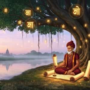 An ethereal scene depicting an ancient Indian scribe seated under a grand banyan tree, surrounded by glowing scrolls and ancient scripts. The scribe, an elderly Indian man with serene features, wears traditional Bengali attire in deep maroon and gold. The tree's branches are adorned with mystical, glowing symbols of the Bengali script, subtly floating in the air. The background features a gentle, flowing river reflecting a soft pastel sunset, with a distant view of an old temple shrouded in mist. Intricate patterns and cultural motifs like lotus flowers and mandalas embellish the scene, blending traditional aesthetics with a modern, digital style. The atmosphere is calm, mystical, and inviting, emphasizing the spiritual and historical significance of the script's origins.