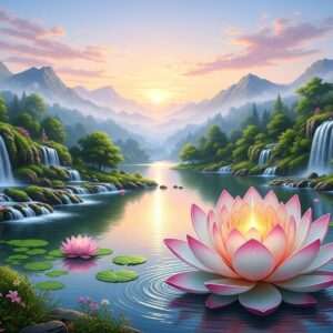 A breathtaking, serene landscape of Kolhapur featuring a tranquil lake surrounded by lush greenery and cascading waterfalls. The scene is bathed in soft, ethereal lighting with pastel hues of soft blue, pale pink, and warm gold. In the foreground, a large, glowing lotus flower floats on the calm water surface, symbolizing peace and spirituality. The background showcases distant mountains enveloped in a gentle mist, adding a surreal quality. The overall composition is harmonious and inviting, with intricate patterns of traditional Indian motifs subtly woven into the natural elements. The art style is hyperrealistic, blending modern digital aesthetics with traditional influences, emphasizing tranquility and mindfulness.