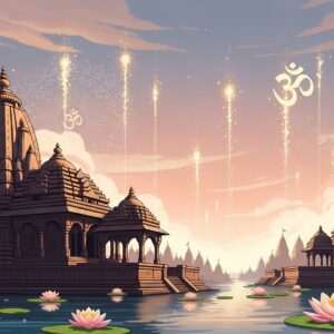 A serene landscape of Sitapur with a modern digital twist, showcasing the city's rich heritage. In the foreground, an intricately detailed Pattachitra-style illustration of ancient temples adorned with golden maroon and peacock blue highlights. The background features a surreal blend of pastel colors with ethereal glowing lights casting a warm, inviting glow over the scene. Lotus flowers float gracefully on a calm water surface, creating an atmosphere of tranquility. The composition includes subtle cultural motifs such as mandalas and Hindu spiritual symbols, inviting viewers into the depth and soul of Sitapur. The art style is hyperrealistic with a touch of fantasy, emphasizing heritage while embracing modern digital aesthetics.