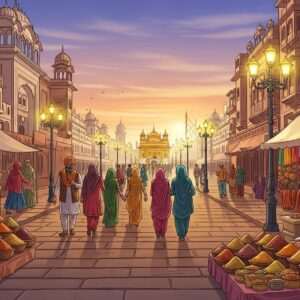 A vibrant depiction of Amritsar's Heritage Street at dusk, bathed in the soft glow of golden streetlights. The scene is bustling with Indian characters in traditional attire, strolling along the street lined with historic, intricately designed buildings featuring Mughal and Sikh architectural elements. The sky above transitions from a serene blue to a warm saffron as the sun sets, casting a tranquil aura. In the foreground, a street vendor with a colorful turban and an array of aromatic spices and traditional crafts adds life and authenticity. The background reveals the majestic Golden Temple shimmering in the distance, surrounded by a gentle halo of light. The art style is a harmonious blend of traditional Indian motifs and modern digital aesthetics, highlighting the cultural richness and soul of Amritsar.