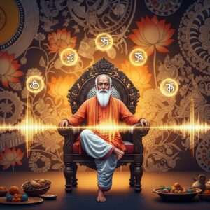 A serene scene depicting a wise, elderly Bengali scholar in traditional attire, seated gracefully on an intricately carved wooden chair. The background features an elegant fusion of Madhubani and Pattachitra art styles, showcasing vibrant lotus flowers, mandalas, and cultural motifs in rich colors of saffron and peacock blue. The scholar is surrounded by ethereal, glowing orbs symbolizing sound waves, softly illuminating the space with a warm golden light. The atmosphere is tranquil and inviting, with a subtle emphasis on tradition and knowledge. The scene exudes a sense of calm wisdom and cultural richness, capturing the essence of Bengali pronunciation mastery in a harmonious blend of heritage and modern digital aesthetics.