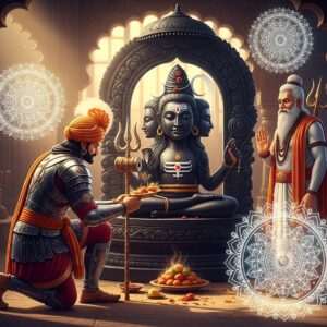 A regal Indian warrior, Bappa Rawal, depicted in traditional Rajput armor, kneeling with reverence before the divine Eklingji, a four-faced Shiva deity carved from black stone. Surrounding them are ethereal, glowing mandalas and intricate lotus patterns in a serene temple setting. Harit Rishi stands nearby, a sage with a long white beard, emanating wisdom and peace. The scene is bathed in soft golden light, with deep maroon and peacock blue accents, creating an aura of spirituality and devotion. The artwork should be hyperrealistic, blending traditional Indian art motifs with a modern digital aesthetic, capturing the essence of reverence and spiritual enlightenment.