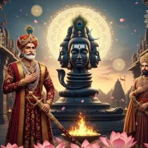 An Indian king in regal attire, Bappa Rawal, is depicted standing with a commanding yet serene presence. He is adorned in a richly embroidered maroon and gold robe, and a majestic turban with a peacock feather. In his right hand, he holds a sword intricately decorated with ancient Rajasthani motifs, while his left hand is placed reverently on his chest, signifying devotion. Behind him stands the divine figure of Eklingji, a serene four-faced Shiva idol carved from black stone, emanating a soft golden aura. The background is an ethereal blend of soft blue and warm gold hues, with glowing mandalas and floating lotus petals creating a tranquil atmosphere. The scene is set against a backdrop of ancient temple architecture, with intricate carvings and arches that convey the grandeur of the era. The art style should be hyperrealistic with a touch of surrealism, emphasizing the spiritual connection between the king and the deity.