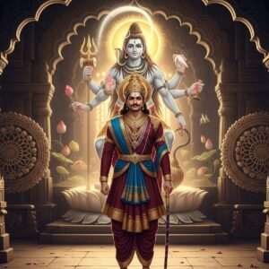 A regal Indian king, Bappa Rawal, standing majestically in an ancient, ornate temple, reminiscent of Eklingji. The king is adorned in traditional royal attire with intricate designs and deep hues of maroon and peacock blue, accented with gold. His expression is serene yet resolute, symbolizing spiritual depth and leadership. Behind him, a glowing, ethereal depiction of Lord Shiva with multiple arms holding a trident, damaru, and a conch shell, surrounded by a halo of soft golden light. The temple is adorned with elaborate carvings and patterns of lotus flowers and mandalas. The atmosphere is serene, with a mystical aura, combining elements of traditional Indian art and modern digital aesthetics to create an immersive and captivating scene.