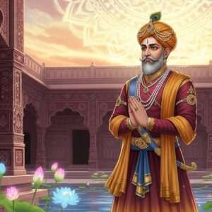 A regal Indian king, Bappa Rawal, is depicted in majestic traditional Rajput attire, with an aura of wisdom and spirituality. He stands in a serene temple courtyard dedicated to Lord Eklingji, surrounded by glowing lotus flowers and ethereal, soft pastel lights. The king's expression is one of deep contemplation and devotion, with his hands gently folded in prayer. The temple architecture reflects intricate Pattachitra patterns and Madhubani art motifs, adorned with hues of maroon, saffron, and peacock blue. Above him, the sky is adorned with a large, luminous mandala, casting a warm golden glow on the scene, symbolizing divine connection. The background is alive with the gentle ripple of water reflecting the temple's sacredness. This hyperrealistic image blends traditional Indian art with modern digital aesthetics, capturing a moment of spiritual enlightenment and historical reverence.