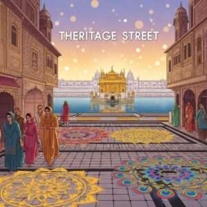 A serene, ethereal scene of a bustling Heritage Street leading to the majestic Golden Temple. The street is alive with vibrant colors and intricate patterns, reminiscent of traditional Indian art forms, while maintaining a modern digital aesthetic. The path is adorned with glowing mandalas and spiritual symbols, guiding the way. In the foreground, an Indian family dressed in rich, deep-colored attire (saffron, maroon, peacock blue) is depicted walking gracefully towards the temple, their expressions filled with awe and reverence. The Golden Temple in the background glistens under a warm, golden glow, reflecting in the calm water surface surrounding it. The atmosphere is tranquil, with soft pastel hues and glowing lights creating a harmonious and spiritual ambiance. The overall tone is one of peace and mindfulness, drawing the viewer into this sacred journey.