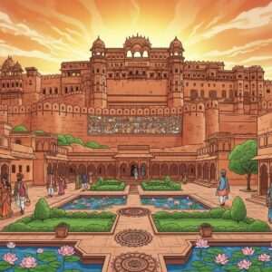 An intricately detailed illustration of the historic city of Dausa, capturing its ancient architecture with a modern digital touch. The scene includes a majestic, ancient fort with ornate carvings and intricate patterns inspired by traditional Indian art forms like Madhubani and Pattachitra. In the foreground, a serene garden filled with blooming lotus flowers and small mandalas subtly incorporated into the landscape. The sky is painted with warm gold and peacock blue hues, with a soft, ethereal glow highlighting the historic structures. Indian people dressed in traditional attire can be seen walking along the cobblestone streets, bringing a sense of vibrancy and life to the scene. The overall atmosphere is one of rich heritage and cultural significance, inviting viewers to delve deeper into Dausa's storied past.