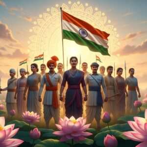 An ethereal portrayal of a serene, Indian landscape at dawn, with the Tricolour flag majestically fluttering against the backdrop of a soft, glowing mandala sun in warm gold hues. A group of Indian freedom fighters in traditional attire, representing different regions and cultures of India, stand united in a circle, their faces reflecting determination and pride. They are adorned with subtle cultural motifs like lotus flowers and mandalas on their garments. In the foreground, large, stylized lotus flowers bloom, symbolizing purity and patriotism. The sky is painted in pastel colors of soft blue and pale pink, with gentle rays of sunlight streaming through. The scene captures a sense of unity, harmony, and reverence for the nation, depicted in a hyperrealistic art style with a blend of traditional Indian art forms and modern digital aesthetics.