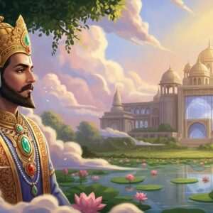 An ethereal scene depicting King Yayati, an Indian king from the Mahabharata, in a moment of deep contemplation. He stands in a lush, serene garden with blooming lotus flowers and a tranquil pond reflecting the sky. His attire is regal with intricate patterns, blending traditional Indian motifs with modern aesthetics. Surrounding him are soft, pastel-colored clouds and a warm golden light, symbolizing wisdom and introspection. In the background, a grand palace is visible, its architecture a fusion of ancient and modern elements. The scene is serene and spiritual, inviting the viewer to explore his story of wisdom and legacy.