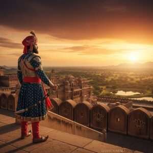 A majestic scene depicting Bappa Rawal, the legendary ruler of Mewar, standing atop a grand fort with an ethereal sunset in the background. The sun sets in hues of deep maroon, saffron, and gold, casting a warm glow over the land. Bappa Rawal is portrayed in traditional Rajput warrior attire with intricate patterns and motifs, a sword sheathed at his side. He gazes contemplatively into the horizon, symbolizing the end of an era. The fort's architecture reflects a blend of historical grandeur and modern aesthetics, adorned with detailed engravings and cultural symbols like lotus flowers and mandalas. The surrounding landscape features lush greenery and serene water bodies, enhancing the spiritual and tranquil atmosphere. The art style combines hyperrealism with a touch of fantasy, creating an image that is both captivating and respectful of cultural heritage.