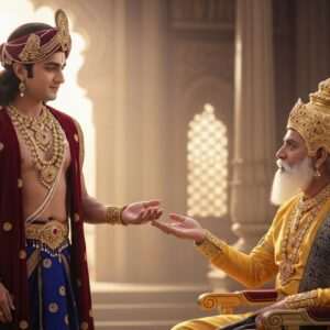 A dramatic scene depicting the young prince Puru offering his youth to the elderly King Yayati. Puru, a handsome Indian prince with a serene and compassionate expression, stands in an ancient, ethereal Indian palace setting, surrounded by intricate patterns and deep colors of maroon and peacock blue. He wears
