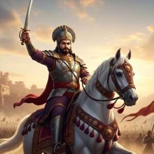 A regal and imposing figure of Bappa Rawal, the legendary warrior-king, astride a majestic white horse adorned with intricate traditional Rajasthani patterns. He wears a resplendent armor that merges ancient Indian craftsmanship with a modern, polished digital finish, shining in hues of gold and deep maroon. His face is stern yet noble, with intense eyes reflecting determination and valor. In his right hand, he holds a gleaming sword raised triumphantly towards the sky, while behind him, a vast battlefield stretches out, dotted with banners and soldiers in the midst of action. The backdrop features a grand fort reminiscent of Chittorgarh, its walls bathed in the warm glow of a setting sun casting long shadows. The scene is framed by swirling clouds and golden dust, creating an atmosphere of epic grandeur. The art style is hyperrealistic, with a touch of digital fantasy, combining historical authenticity with modern aesthetics to captivate the viewer's imagination.