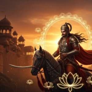 A majestic Indian warrior, Bappa Rawal, clad in intricate Rajput armor with ornate detailing, sits atop a regal horse. His expression is one of determination and valor, his long hair flowing in the wind. The backdrop features a grand, ancient fort with intricate carvings, set against a dramatic sunset sky painted in rich hues of maroon, gold, and peacock blue. Bappa Rawal's sword gleams in the warm light, and his presence is surrounded by ethereal glowing mandalas and stylized lotus motifs. The scene is hyperrealistic yet surreal, blending traditional Indian art with modern digital aesthetics to convey the grandeur and invincibility of his empire. The atmosphere exudes an aura of strength, heritage, and honor.