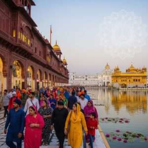 A vibrant, bustling scene depicting the Heritage Street leading to the Golden Temple. The street is alive with Indian families and pilgrims in traditional attire, capturing the rich cultural essence. The architecture reflects historical charm with intricately carved facades, adorned with maroon and gold hues. The Golden Temple in the distance glows ethereally under a soft, warm light, surrounded by a serene body of water reflecting its grandeur. Lotus flowers gently float on the water's surface, and a subtle, glowing mandala is subtly integrated into the sky, symbolizing spirituality and peace. The overall atmosphere is serene yet lively, inviting viewers into a journey of cultural and spiritual discovery.