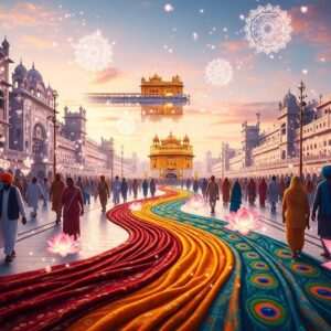 A vibrant, surreal depiction of Heritage Street leading to the Golden Temple, with a serene, ethereal atmosphere. The street is bustling with Indian families dressed in traditional attire, their expressions of awe and reverence evident. The Golden Temple shines brilliantly in the background, its golden hues glowing warmly under a soft pastel sky. Intricate patterns and cultural motifs adorn the buildings lining the street, merging traditional Indian art with modern digital aesthetics. Lotus flowers and glowing mandalas float subtly in the air, creating a sense of spiritual tranquility and mindfulness. The scene is hyper-realistic, with an emphasis on deep, rich colors like saffron, maroon, and peacock blue, inviting viewers to explore the heritage and spirituality that leads to this sacred place.