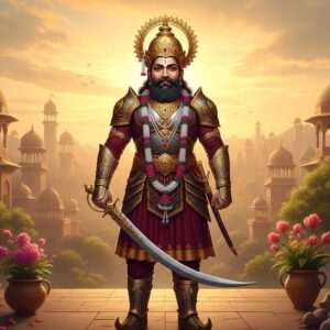 An imposing, regal figure of Bappa Rawal, the legendary warrior king, stands tall in an ethereal landscape. He is depicted with traditional Rajput armor, intricately designed with gold and maroon patterns, reflecting both power and elegance. His stance is commanding, holding a large, intricately engraved sword with a golden hilt that gleams in the soft, ambient light. The background features a surreal blend of ancient Indian palaces and vibrant flora, with a warm, glowing sunset casting a mystical aura over the scene. The art style combines traditional Indian elements with modern digital aesthetics, creating a hyperrealistic portrayal that highlights his legendary stature and strength. The focus is on the serene yet powerful presence of Bappa Rawal, capturing the essence of his legacy.
