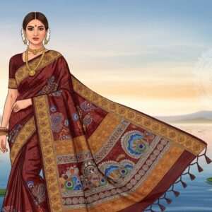 A graceful Indian woman draped in an exquisite Tussar Silk Saree, showcasing the rich textures and earthy tones unique to Vidarbha's weaving heritage. The saree features intricate patterns reminiscent of Madhubani and Pattachitra art, with vibrant maroon, peacock blue, and gold hues. The background reveals a serene landscape with a soft, pastel sky and gently swaying lotus flowers on a tranquil water surface. A glowing mandala subtly illuminates the scene, adding an ethereal touch. The woman's posture is poised and elegant, with delicate gold jewelry adorning her, reflecting the blend of tradition and modern aesthetics. The overall composition is serene, spiritual, and deeply rooted in Indian culture, with a contemporary digital art style that captivates and invites exploration.