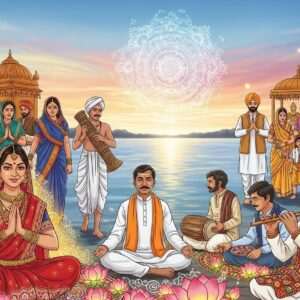 An intricately detailed scene depicting a serene, spiritual Indian landscape with diverse pilgrims represented by a variety of traditional and modern attire, showcasing India's rich cultural tapestry. In the foreground, an Indian woman in a vibrant red saree adorned with gold jewelry is clasping her hands in prayer, surrounded by glowing lotus flowers and delicate patterns reminiscent of Madhubani art. Beside her, a man in a white kurta-pajama with a saffron shawl is meditating, while a family dressed in colorful Pattachitra-inspired clothes looks on, fascinated. In the background, soft pastel hues illuminate the sky, casting a warm, ethereal glow over a large, intricate mandala hovering above a calm water surface. The overall atmosphere is peaceful and spiritual, with a harmonious blend of traditional and digital aesthetics, capturing the essence of India's linguistic diversity in pilgrimage traditions.