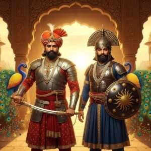 A regal and majestic depiction of Bappa Rawal and Maharana Pratap, standing side by side in traditional Rajput warrior attire. Bappa Rawal is depicted with his iconic turban and armor, holding a sword with intricate designs, while Maharana Pratap stands with his distinctive battle helmet and traditional shield. They are set against the backdrop of an ancient Rajasthani fort, with the architecture showcasing intricate carvings and patterns. The scene is bathed in a golden, ethereal light that highlights their royal lineage and valor. Surrounding them are vibrant, stylized elements of Rajasthani art, such as peacock motifs and colorful patterns, merging traditional aesthetics with modern digital artistry. The atmosphere exudes a sense of historical grandeur and heritage, inviting the viewer to delve into their legacy.