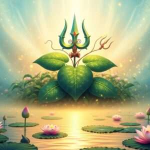 A serene and ethereal scene featuring a lush, green Trishula plant with three prominent leaves, symbolizing the divine trident, set against a tranquil background of soft, glowing pastel hues of blue and gold. In the foreground, delicate lotus flowers float on calm water, reflecting the warm golden light. Subtle patterns of traditional Indian motifs weave through the scene, merging seamlessly with the modern digital aesthetic. The atmosphere exudes tranquility and spiritual harmony, with a gentle aura of divine blessings emanating from the plant. The image is photo hyper-realistic with a surreal touch, enticing viewers with its calming and inviting presence.