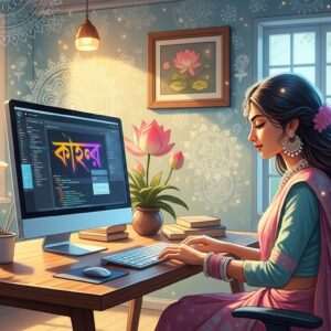A serene, ethereal digital art piece depicting a modern Indian workspace set against a backdrop of traditional Bengali motifs. The scene features a sleek, contemporary desk with a high-end computer displaying vibrant Bengali script on the screen. Soft pastel hues of pale blue, warm gold, and gentle pink illuminate the room, highlighting intricate patterns of lotus flowers and mandalas subtly incorporated into the decor. In the foreground, a young Indian woman with flowing hair and traditional Bengali jewelry is typing gracefully, her face reflecting a sense of harmony and mindfulness. The lighting is soft and glowing, casting an inviting ambiance that blends the essence of tradition with cutting-edge technology. The overall tone is tranquil yet innovative, capturing the seamless fusion of cultural heritage and modern digital aesthetics.
