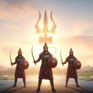 A majestic and ethereal scene depicting the ancient Trishula Vyuha formation. In the foreground, three Indian warriors stand poised in a triangular formation, each wearing intricately detailed armor with gold and maroon hues, resembling ancient Indian warriors. Behind them, a colossal, glowing trishula (trident) stands upright, emanating a divine aura. The backdrop features a serene, surreal landscape with softly glowing mandalas and lotus flowers floating in a tranquil water surface. The sky is a blend of pastel pinks, soft blues, and warm golds, casting an ethereal glow over the scene. The warriors' expressions are focused and serene, embodying wisdom and strategy. The overall atmosphere is mystical and spiritual, drawing the viewer into the rich historical and cultural significance of the formation.