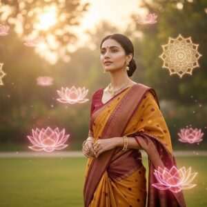 A serene Indian woman with flawless, radiant skin stands in a lush, tranquil garden at dawn. She is dressed in an elegant, modern saree in shades of saffron and maroon, adorned with delicate gold jewelry. Her expression is peaceful and content, embodying a sense of inner glow and vitality. Around her, ethereal glowing mandalas and lotus flowers float gently in the air, reflecting soft pastel hues of pink and gold. The scene is illuminated by a warm, gentle light that enhances her natural beauty and the intricate patterns on her attire, blending traditional Indian art aesthetics with a modern digital flair. The atmosphere is serene and spiritual, inviting viewers to explore the ancient secrets of achieving radiant skin.