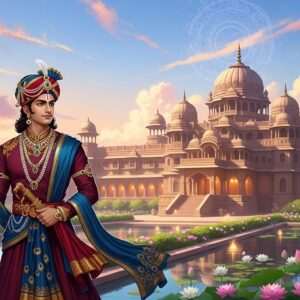 An ethereal scene depicting the ancient kingdom of Vidarbha during the Mahabharata era, featuring a regal Indian prince dressed in traditional royal attire with intricate golden patterns and deep maroon and peacock blue hues. The prince stands in front of a grand palace with ornate architecture reminiscent of ancient Indian designs, surrounded by lush gardens with blooming lotus flowers and serene water bodies reflecting soft, glowing lights. The atmosphere is tranquil and mystical, with pastel-colored skies and subtle, spiritual motifs in the background, such as delicate mandalas. The art style is hyperrealistic with a modern digital aesthetic, capturing the grandeur and cultural significance of Vidarbha's legacy.