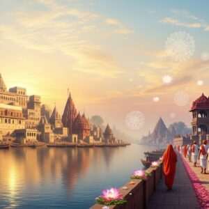 In the tranquil embrace of a serene dawn, an ethereal landscape unfolds, showcasing Vidarbha's spiritual sanctuaries. The sacred city of Kashi, bathed in a soft golden glow, with its iconic ghats and temples, reflects majestically on the calm waters of the Ganges. A gentle mist hovers above, adding a surreal touch. In the distance, Pandharpur emerges with its ancient Vithoba temple, adorned with intricate carvings and vibrant maroon and peacock blue hues. Pilgrims dressed in traditional attire walk along flower-strewn paths, their figures silhouetted against a pastel sky. The scene is infused with a sense of tranquility and devotion, enhanced by the presence of glowing lotus flowers and delicate mandalas floating in the air. The overall composition is hyperrealistic, yet dreamlike, capturing the timeless spirituality and allure of these revered destinations.