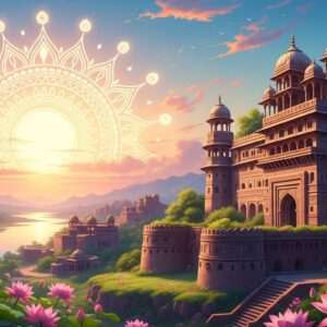 A vibrant and enchanting landscape depicting the historical treasures of Vidarbha. In the foreground, a grand, ancient fort stands majestically, its architecture a blend of traditional Indian styles with intricate carvings and patterns. Surrounding the fort, lush greenery and blooming lotus flowers add a touch of nature's beauty. In the background, a serene river flows gently, reflecting the soft pastel hues of the sky at dusk. The sky is adorned with a large, glowing mandala sun, casting a warm, golden light over the scene. Indian cultural motifs and patterns are subtly integrated into the landscape, enhancing its rich heritage. The art style combines hyperrealism with a surreal, ethereal quality, drawing viewers into a world where history meets modern digital aesthetics.