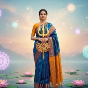 A serene and ethereal image of a graceful Indian woman standing in a softly glowing, pastel-hued environment. She is adorned with a beautifully crafted Trishula pendant and matching ring, both intricately designed with gold and maroon accents, shimmering against her traditional saree of peacock blue and saffron. Her expression is calm and contemplative, embodying spirituality and faith. The backdrop features a surreal, dreamlike landscape with glowing mandalas and delicate lotus flowers floating on calm water surfaces, reflecting the soft pastel colors of the sky. The overall atmosphere exudes tranquility, harmony, and mindfulness, with a modern digital aesthetic that merges traditional Indian art forms with contemporary elegance.