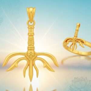 An intricately designed Trishula pendant and ring set against a serene, ethereal background. The Trishula, a three-pronged spear, is depicted with exquisite detail, showcasing its sharp points and ornate handle, surrounded by a soft, glowing aura. The backdrop features a tranquil blend of pastel colors like soft blue and warm gold, with faint outlines of lotus flowers and subtle mandala patterns. The setting is peaceful yet powerful, capturing the spiritual essence and significance of the Trishula. The jewelry is crafted in polished gold, reflecting a modern yet traditional aesthetic, with delicate patterns engraved on its surface. The lighting emphasizes the divine symbolism, casting a gentle glow that highlights the Trishula's sacred nature. The scene radiates tranquility and spirituality, inviting viewers to explore the deeper meaning behind these symbolic adornments.