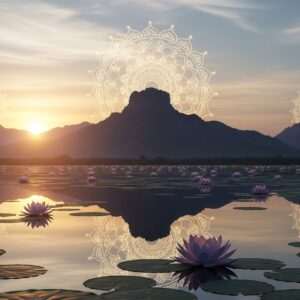 A serene, ethereal landscape of the Aravalli Range during the golden hour, bathed in soft pastel hues of warm gold, pale pink, and soft blue. The foreground features a tranquil water surface reflecting the jagged silhouettes of the mountains. In the background, large, glowing mandalas hover above the peaks, casting a gentle, divine light over the scene. Delicate lotus flowers float on the water, and a gentle breeze causes ripples, creating a sense of tranquility and mindfulness. The overall atmosphere is spiritual and surreal, with an emphasis on harmony between nature and spirituality. The art style should be hyperrealistic with a modern digital aesthetic that merges traditional Indian art motifs with contemporary design.