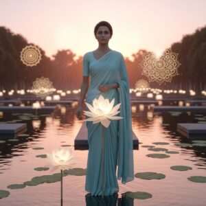 A serene Indian woman with radiant, glowing skin, adorned in a modern, minimalist saree of soft pastel blue, stands in a tranquil garden. Her eyes reflect wisdom and tranquility. Surrounding her are ethereal, glowing lotus flowers and subtle, golden mandalas floating in the air. The background features calm water surfaces that mirror the soft pink and warm gold hues of the sky. The lighting is gentle, casting a warm, inviting glow over the scene. This hyperrealistic image captures the essence of beauty, peace, and mindfulness, blending traditional Indian motifs with modern aesthetics in a serene and surreal manner.