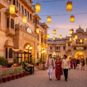 A serene and enchanting depiction of Amritsar's Heritage Street at twilight, bathed in a warm golden glow. Intricately designed buildings line the street, showcasing a blend of traditional Indian architecture with modern aesthetics. The scene is bustling with life, featuring elegantly dressed Indian couples and families leisurely strolling, capturing the vibrant essence of the locale. Glowing lanterns hang above, casting soft, ethereal light on the cobblestone path. Lush potted plants and blooming lotus flowers add a touch of nature's elegance. In the background, a majestic hotel entrance stands invitingly with intricate carvings and rich colors. The atmosphere is one of tranquility, warmth, and cultural richness, inviting viewers to imagine a memorable stay in this iconic location.